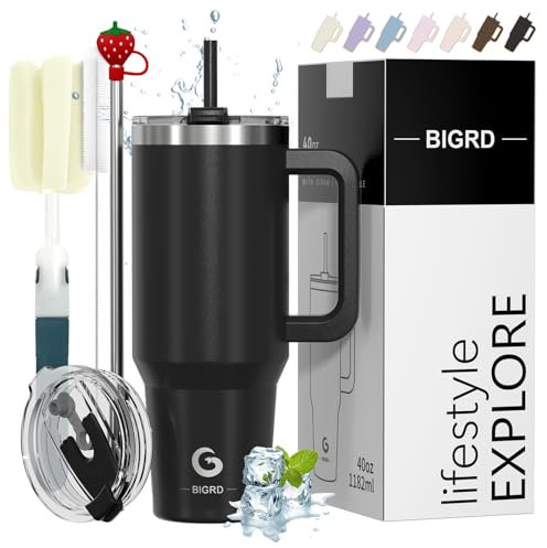 BIGRD 40oz Straw thermobecher to Go, Thermal Mug, Double-Walled Stainless Steel Vacuum Leak-Proof Drinking Cup mit Handle and Straw, Travel Coffee Mug for Hot and Cold,Black