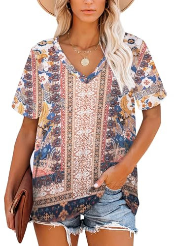 NARRAME Tops para Mujer Camisetas Verano túnica Manga Corta Tops Cuello Pico para Mujer Floral Boho Rosa Small S 34-36