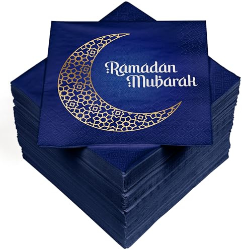 HEKU Ramadan Mubarak Servietten, 3-lagig, 33x33cm, 100 STK. I Saugstark und praktisch verpackt I Festliches Design I Breite Auswahl I Geeignet fürs Ramadan Fest, Weiß