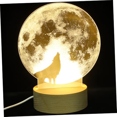 HOMSFOU 3D Wolf Nachtlicht LED Tischlampe Mit Holzsockel USB Aufladbare Dekorationslampe Für Schlafzimmer Und Kinderzimmer Warmweiß