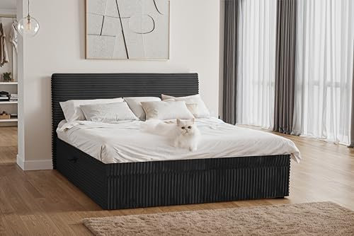 Kaiser Möbel - Bett 180x200 cm, Boxspringbett mit Bettkasten und Topper, Cord Schlafzimmerbett, Doppelbett mit Stauraum und Gepolstertes Kopfteil, Toppermatratze aus Viscoschaum - Trento - Schwarz