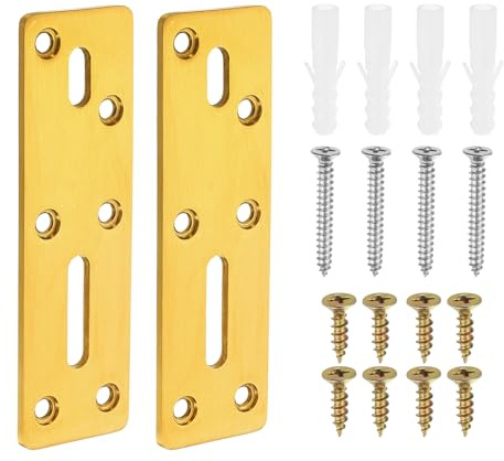 sourcing map Straight Steel Flat Plate, 2Pcs 117x35mm - Heavy Duty Mending Plate with Holes, Metal Reinforcement Mounting Plate Joining Bracket with Screws for Repair Framing Gazebo (Gold)