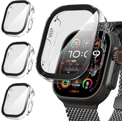 Suoman 3 Stück Hülle für Apple Watch Ultra 3/2/1 49mm Schutzhülle PC Ultradünne HD Hartglas Glas Kratzfest Displayschutz Case,Transparent&Transparent&Transparent,49mm