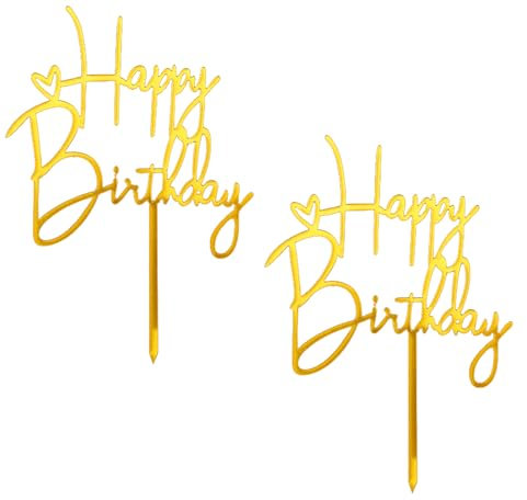 Gleevio Happy Birthday Tortendeko Gold, 2 Stk Tortendeko Geburtstag, Cake Topper Geburtstag aus Acryl, Happy Birthday Kuchen Deko, Geburtstagskuchen Deko für Mädchen Jungen Frauen Mann 10x14,5cm