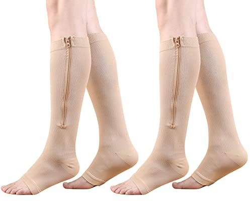 HYCOPROT Calze Compressione Graduata per Donne e Uomo 2 Paia con Cerniera 15-20 mmHg Punta Aperta Anti-Trombo Vene Varicose Corsa Infermieri e Gravidanza