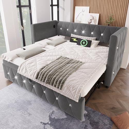 Miyemo Daybed with Pull Out Trundle, 3ft Sofa Bed with Charging-Sations, Upholstered Single Bed Frame for Living Room and Bedroom, Velvet, 90 * 190cm, Grey, (No Mattress)