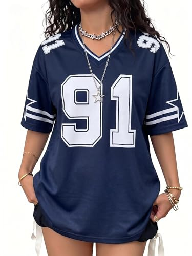 Women's Graphic Football Jersey Shirts Y2K Oversized T Shirt V Neck Baggy Streetwear Summer Tops Blue