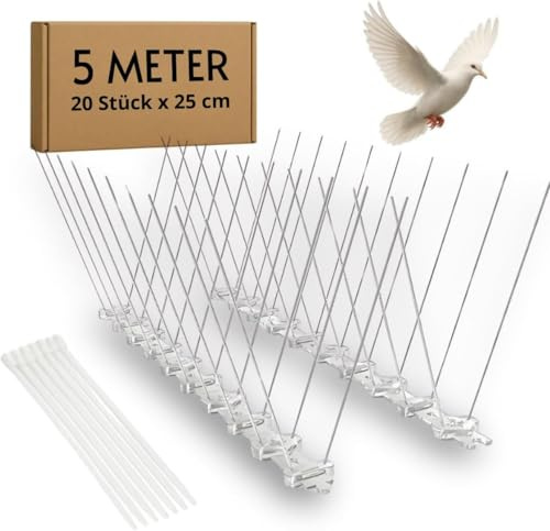 NOOGUI - Pinchos Antipalomas, 5 m con 20 Módulos de 25 cm | Ahuyentador Palomas en Acero Inoxidable, Espanta Palomas con 40 Bridas, Para Balcón, Tejado, Cornisa