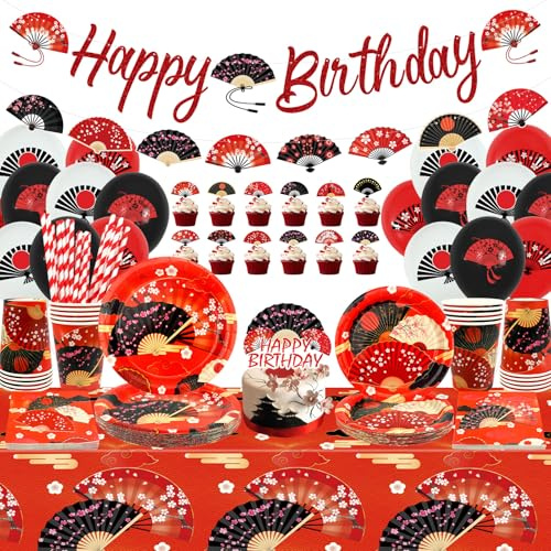 Hibachi Décorations de fête japonaises pliantes – Bannière « Happy Birthday », gâteaux, vaisselle, nappe et ballons pour les fans chinois et japonais, pour 20 personnes
