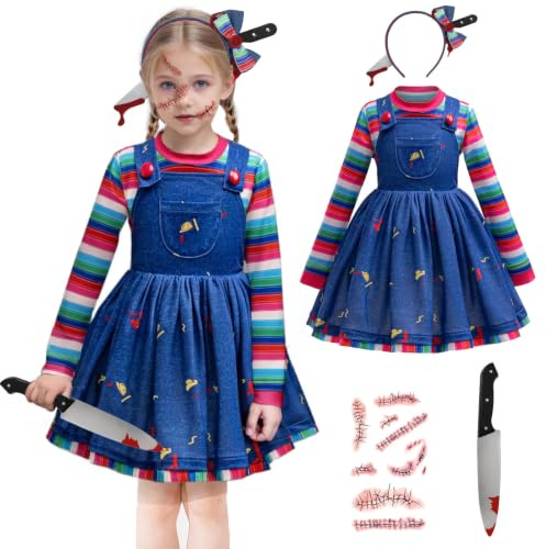 nezababy Chucky Costume Kids Girls Toddler Chuckie Outfit Top Dress Creepy Doll Clothing Scary Halloween Cosplay Killer Dress Up
