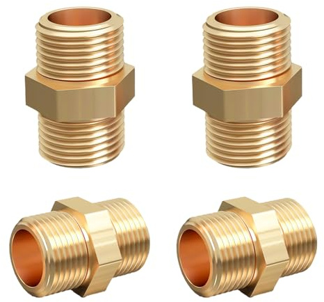 4 Pcs 1/2 Brass Hex Nipple Connectors, G1/2 Male to Male Pipe Fittings, Brass Threaded Connectors for Plumbing Heating Air Conditioning Liquid Pipe Connections, Ideal for DIY Professional Use