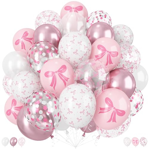 Pink Bow Balloons, 60 Pcs 12 inch Light Baby Pink Pearl White Balloons, Bow Printed Balloon Metallic Confetti Balloon for Girl Women Princess Birthday Baby Shower Bachelorette Wedding Party Decoration