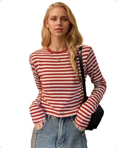 EMOTTOS Camisetas de Mujer a Rayas en Colores Contrastados, Camisetas de Mujer Ajustadas Y2K con Cuello Redondo, Camisetas Ajustadas para Discoteca, Negro/Rojo, M-XL