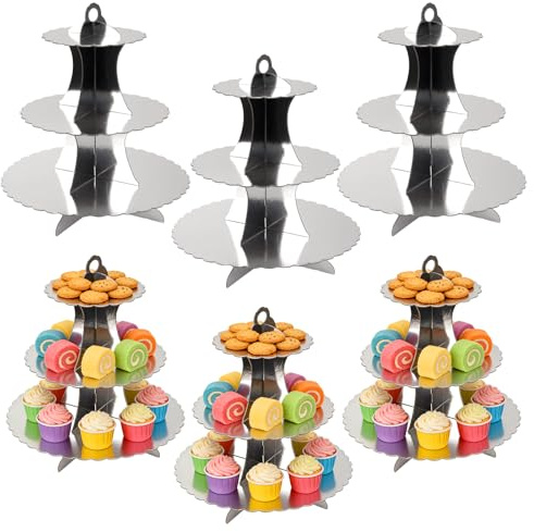 YIXNSW 6 Soportes para Tartas 3 Niveles Cartón 30x30x34cm con Coronas Plateadas para Cupcakes Magdalenas Postres Bodas Cumpleaños Fiestas
