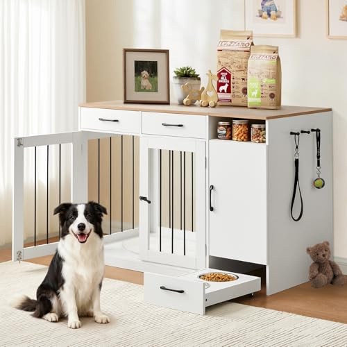 TUKAILAI Dog Crate Furniture Style with Feeder Station & Drawer | Heavy duty pet pen kennel cabinet, raised dog bowls, indoor cage for small to medium dogs, with storage drawer