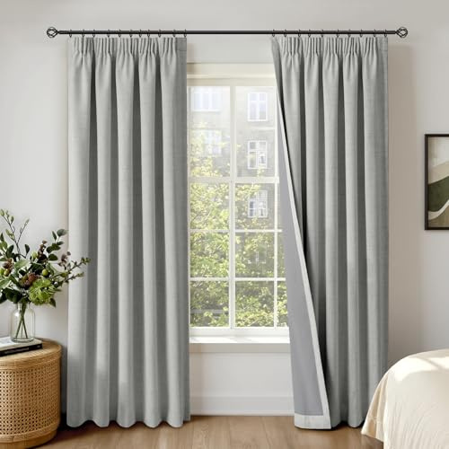 INOVADAY 100% Blackout Curtains for Bedroom 50W x 84L 2 Panels, LightGrey | Thermal Insulated Curtains, Pencil Pleat Curtains for Living Room, Black Out Linen-look Curtains with Coated Backing, OEKO