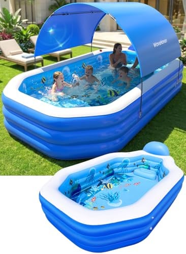 2026 Inflatable Pool with Canopy, Large Inflatable Pool for Kids,Adults, Blow Up Pools with Seats,Oversize Thickened 118x75x22Inflatable Swimming Pools, Kids Pool for Backyard,Ocean Theme-Blue
