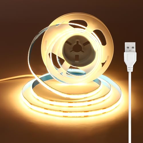 luktix 3.5m COB USB LED Strip, Warm White, 8mm Wide | Self Adhesive LED Strip Lights for Backlight, Ambient Lighting to TV, Mirror, Kitchen Under Cabinet, Shelf, Flexible, Dotless