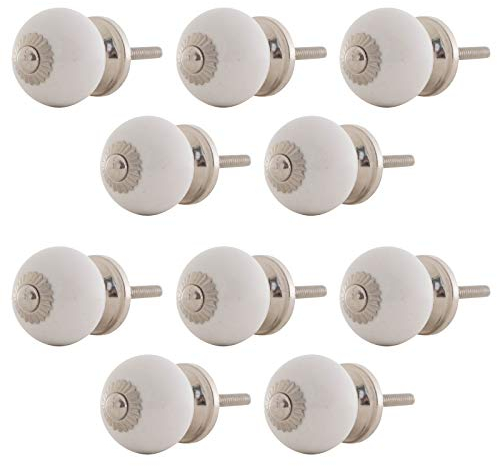 Set 10 Stück Möbelknöpf klein Keramik Porzellan Vintage Landhausstil Shabby-Chic 31mm Knauf Türgriff (01. Weiß mit Silber)