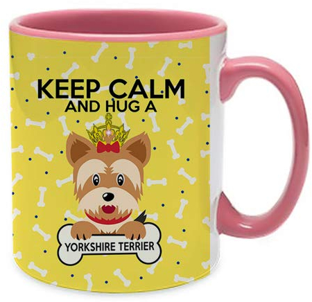Keep Calm and Hug a Dog Themed 11 Oz Pink Inside Pink Handle Ceramic Christmas Stoking, Birthday Present, Gift Idea Mug. (Yorkshire Terrier)