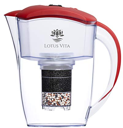 Lotus Vita ESPRIT div. Farben - Wasser Filterkanne mit Kartusche, Reduziert Kalk Chlor Blei aus Leitungswasser durch Aktivkohle Ionentauscher, BPA-frei (rot)