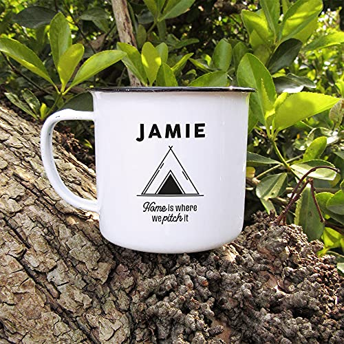 eBuyGB Personalised Enamel Camper Mug, Any Name & Slogan Engraved, 13oz Travel Camping Coffee Mug, Metal 380 ml Tea Cup, Gifts for Him or Her