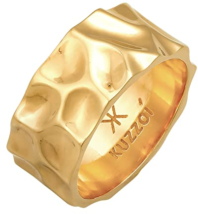 Kuzzoi Herrenring im Hammerschlag Design, Bandring massiv (10 mm) breit in 925 Sterling Silber, Silberring geschmiedet vergoldet, Goldener Ring für Männer, Ringgröße 66, 0602511921_66