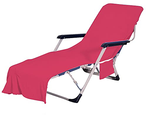 FANSU Schonbezug für Gartenliege Frottee Liegenauflage Garten Sonnenliege Handtuch mit 2 Taschen Stuhl Strandtuch für Schwimmbäder, Strände, Gartenhotels (Rose Rot,75x210cm)