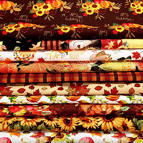 10 Stück Thanksgiving Herbst Baumwollstoffe 50 x 50 cm Fat Quarter Bündel Kürbis Stoff Quadrate Herbst Truthahn Ahorn Plaid Patchwork Thanksgiving Muster für DIY Handwerk Quilten Nähzubehör