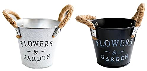 NSXIN 2 Blumentöpfe aus Metall Vintage Stil Vase Topf Eisen, Shabby Eimer mit Hanf Seil Blumenfass, Blumentopf im Set aus Zink und Schriftzug zum Aufhängen für Kräuter und Blumen (Weiß+Schwarz)