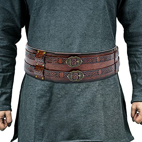 HiiFeuer Wikinger breiter Gürtel, mittelalterlicher Kunstleder Rüstungsgürtel Ritter Korsett Gürtel, LARP Halloween Kostüm (Braun A)