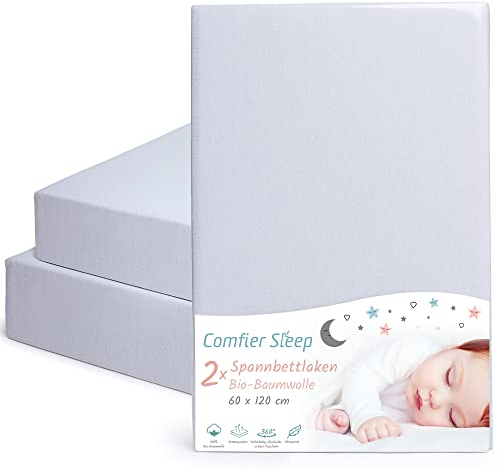 Drap Housse Bebe 60x120 – 100% Coton Biologique – Lot de 2 Draps 60x120 Lit Bebe et Respirants pour Lit Bébé – Couleur Gris