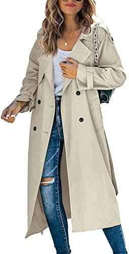 Women Casual Long Trench Windproof Coat with Belt Solid Colour Double-Breasted Lapel Collar Windbreaker Jacket Spring Autumn Coat S-2XL (Khaki, XL)