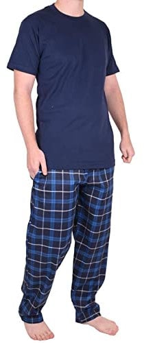 Mens Pyjamas Set Trousers Woven Check Lounge Pants Short Sleeve T Shirts Top (L, Blue - PjamaSet-21)