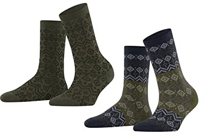 ESPRIT Damen Fair Isle 2-Pack Socken atmungsaktive nachhaltige biologische Baumwolle Wolle dünn gemustert 2 Paar