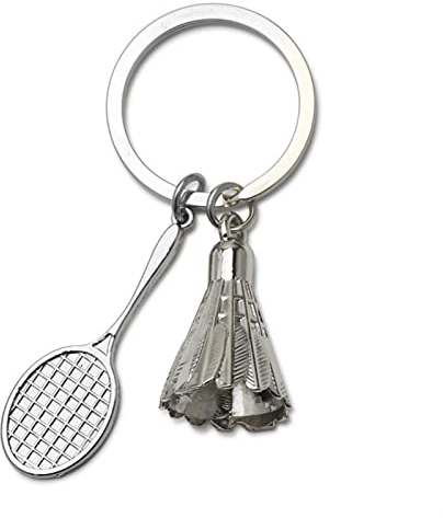 HTian Metall Badminton Schläger Keychain Nette Badminton Ball und Schläger Keyringe Schmuck Zubehör Geschenke for Freunde (Color : Silver, Size : 2.4 x 0.8 x 1.2 in)