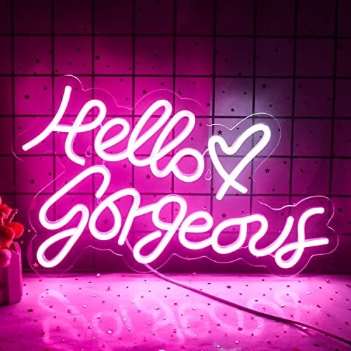 Hello Gorgeous Neon Signs for Wall Decor, Letter Neon Lights for Bedroom, Pink Led Sign with USB Powered for Beauty Room, Wedding, Birthday, Livingroom