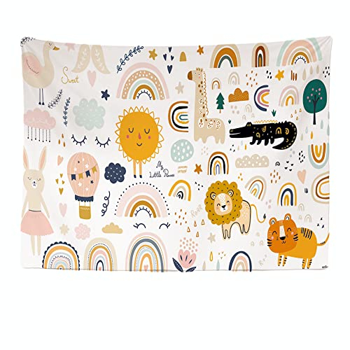 Ulticool - Regenbogen Tiere Kinderzimmer Beige - Wandteppich - 200x150 cm - Großer Wandteppich - Poster Verzierung - Bettdecke - Tuch - Gemälde - Zubehör Raumteiler vorhang