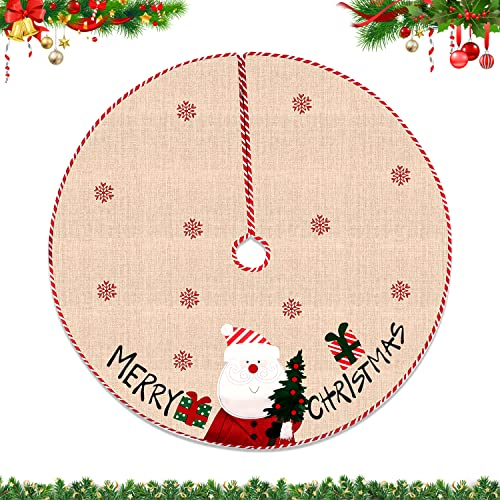 Couvre Pied Sapin de Noël en Lin avec Flocons de Neige, Tapis d'Arbre pour Décoration (Santa Claus)