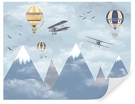 Tapeko Papier Peint Chambre Enfant 360x250 cm 3D Effet Géométrie Coucher de Soleil Montgolfière Montagnes Avions pour Garçon Fille Papier Peint intissé plus u60492