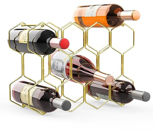 Buruis Weinregal für 14 Flaschen, modern, freistehend, Metallhalter für Rot- und Weißwein, Tischplatte, Küche, Bar und Schrank, Aufbewahrung (Gold)