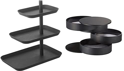 YAMAZAKI Tower' 4281 3 Etagen-Servierplatte für Kekse, Obst, Kuchen, Stahl, Schwarz, L 24,7 x W 15,7 x H 25,7 cm & Tower Schmuckdose, Schwarz, one size