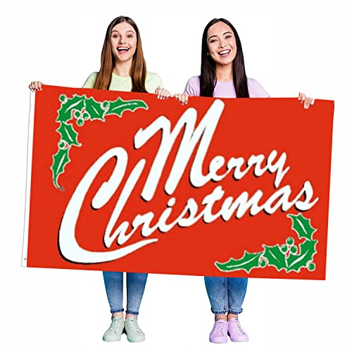 Bandiera di buon Natale – 1,5 m x 0,9 m bandiera di buon Natale con motivo agrifoglio e occhielli – Adatto per pennoni – Accessorio per decorazioni per feste di Natale