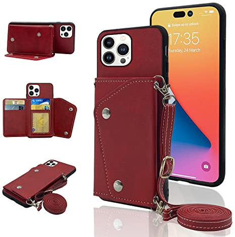 ELISORLI Phone Cover for iPhone 14 6.1 inch Wallet Case with Crossbody Shoulder Strap and Stand Leather Credit Card Holder Cell Accessories iPhone14 5G i i-Phone i14 iPhone14case Girls Women Men Red