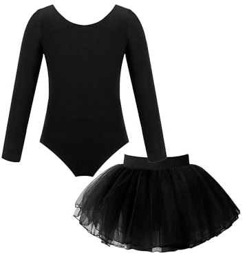 CHICTRY Ballettanzug Mit Tüllrock Kinder Mädchen Ballerina Kleid Kostüm Langarm Ballett Body Rundhals Trikot Prinzessin Tutu Rock Tanzrock Tanzkleidung Schwarz 122-128