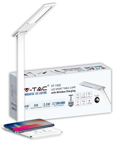 V-TAC VT-7405 3-in-1-Touch-Farbwechsel-Tischlampe 4W Dimmbare LED mit kabelloser Ladestation Körper weiß - SKU 218601
