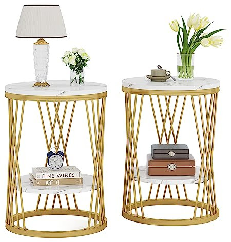 Tribesigns Runder Beistelltisch, moderner weißgoldener Beistelltisch mit Regalen, 2-stöckiger Nachttisch, schlanker Kaffee-Snack-Tisch für Sofa, Couch, Schlafzimmer, Wohnzimmer (2, Weiß und Gold)