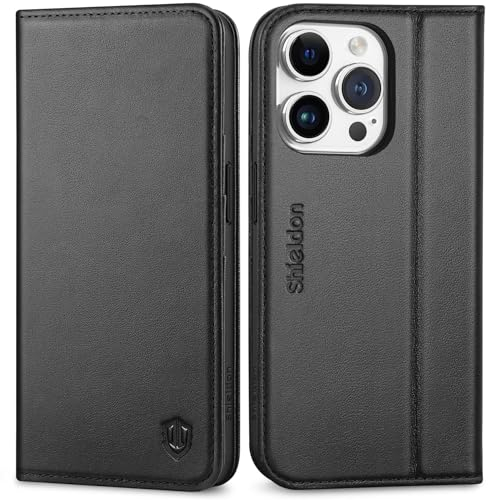 SHIELDON Hülle für iPhone 15 Pro 5G, Handyhülle [Echtleder] [Kartenfach] [Magnet] [Standfunktion] [RFID Blocker] Stoßfest Schutzhülle TPU Lederhülle Kompatibel mit iPhone 15 Pro 6,1 - Schwarz