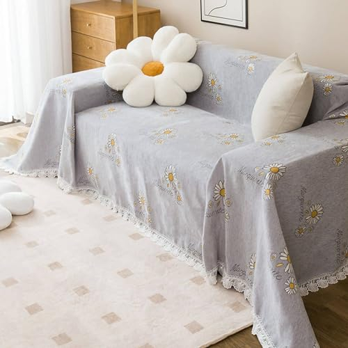 Mesnt Sofabezug Recamiere, Grau Sofaüberwurf Decke Couch mit Chrysanthemenblume Bedruckt aus Chenille, 180x180cm