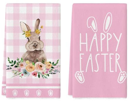 Artoid Mode Rosa Büffelkaro Blumen Kaninchen Ostern Küchentücher Geschirrtücher, 42x65 cm Happy Easter Frühling Dekoration Handtücher 2er Set